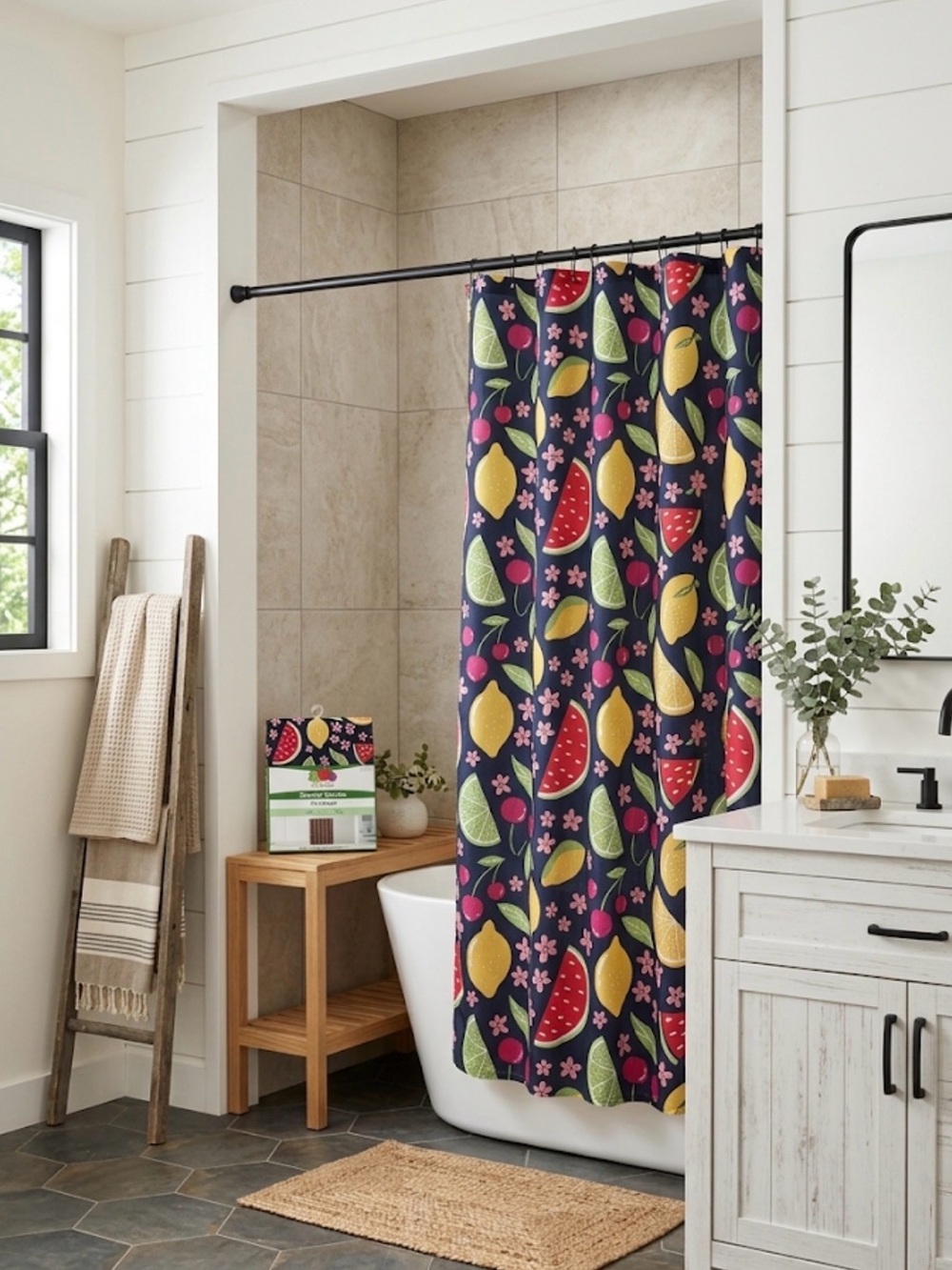 Fruit of the Loom Black Shower Curtain with Bright Fruit Print